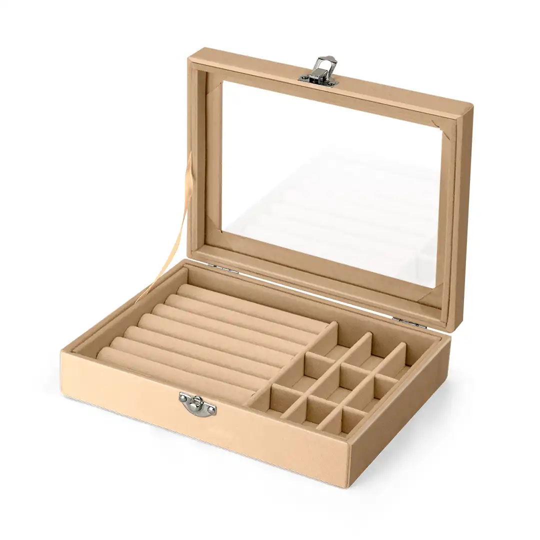 PORTA JOIAS VELUDO E TAMPA DE VIDRO TRANSPARENTE E MDF BEGE