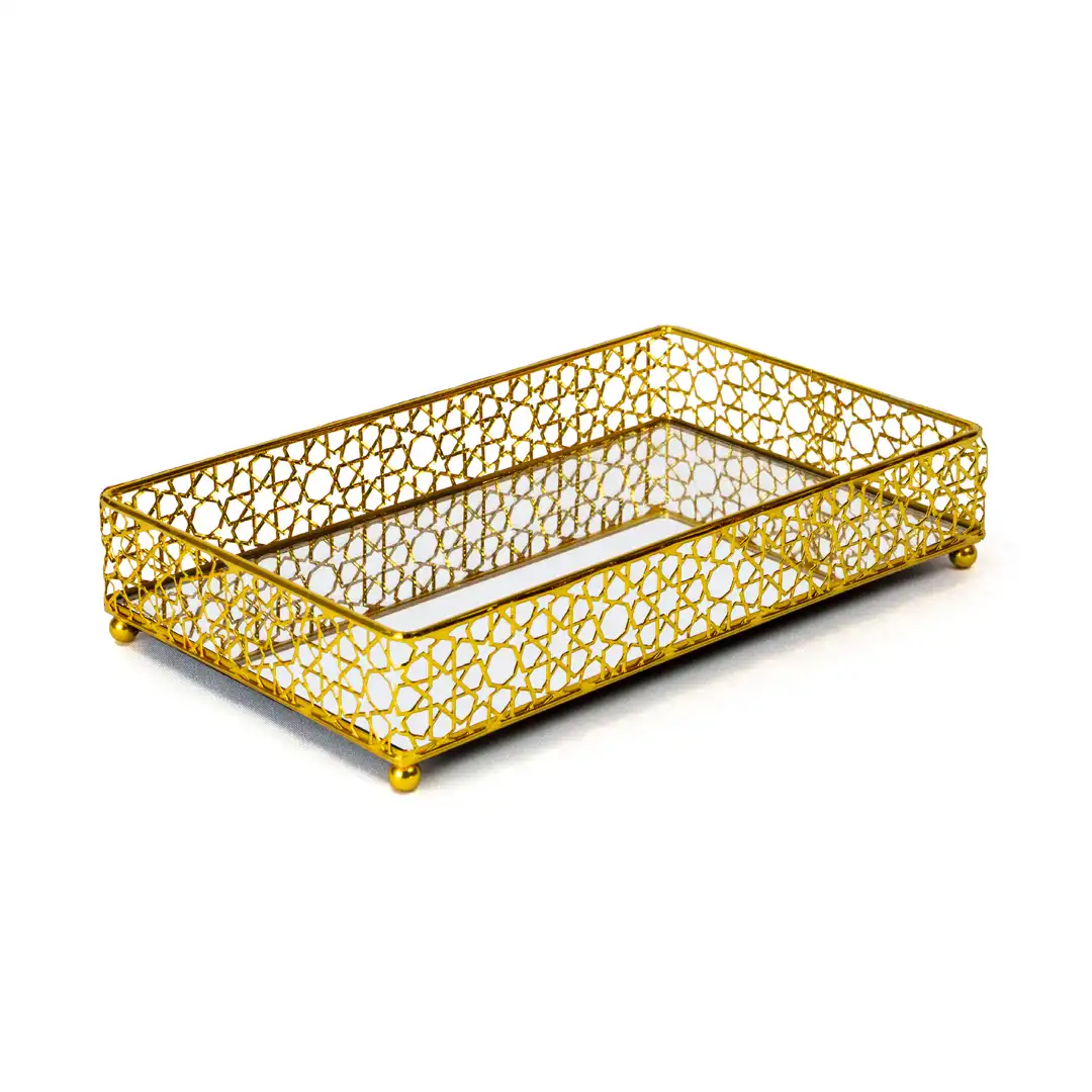 BANDEJA DECORATIVA ESPELHADA RETANGULAR EM METAL DOURADO 25X15CM