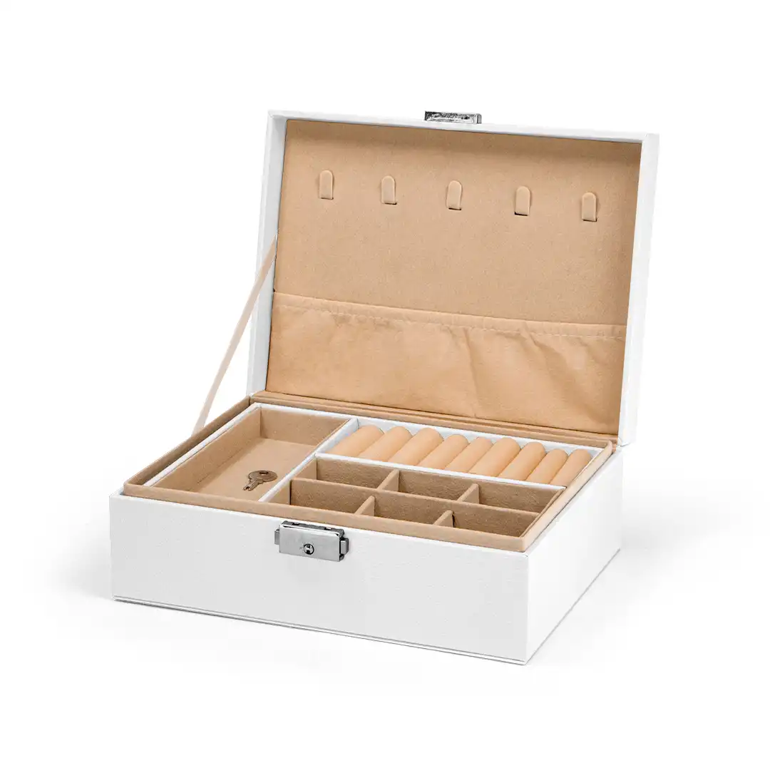 PORTA JOIAS FORMATO DE MALETA 2 ANDARES BRANCO FECHO METÁLICO – 23X17X8,5CM