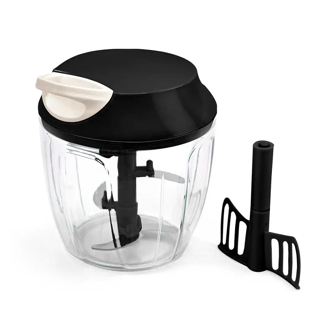 PROCESSADOR MANUAL DE ALIMENTOS COM LÂMINAS INOX E BATEDOR – 14 CM