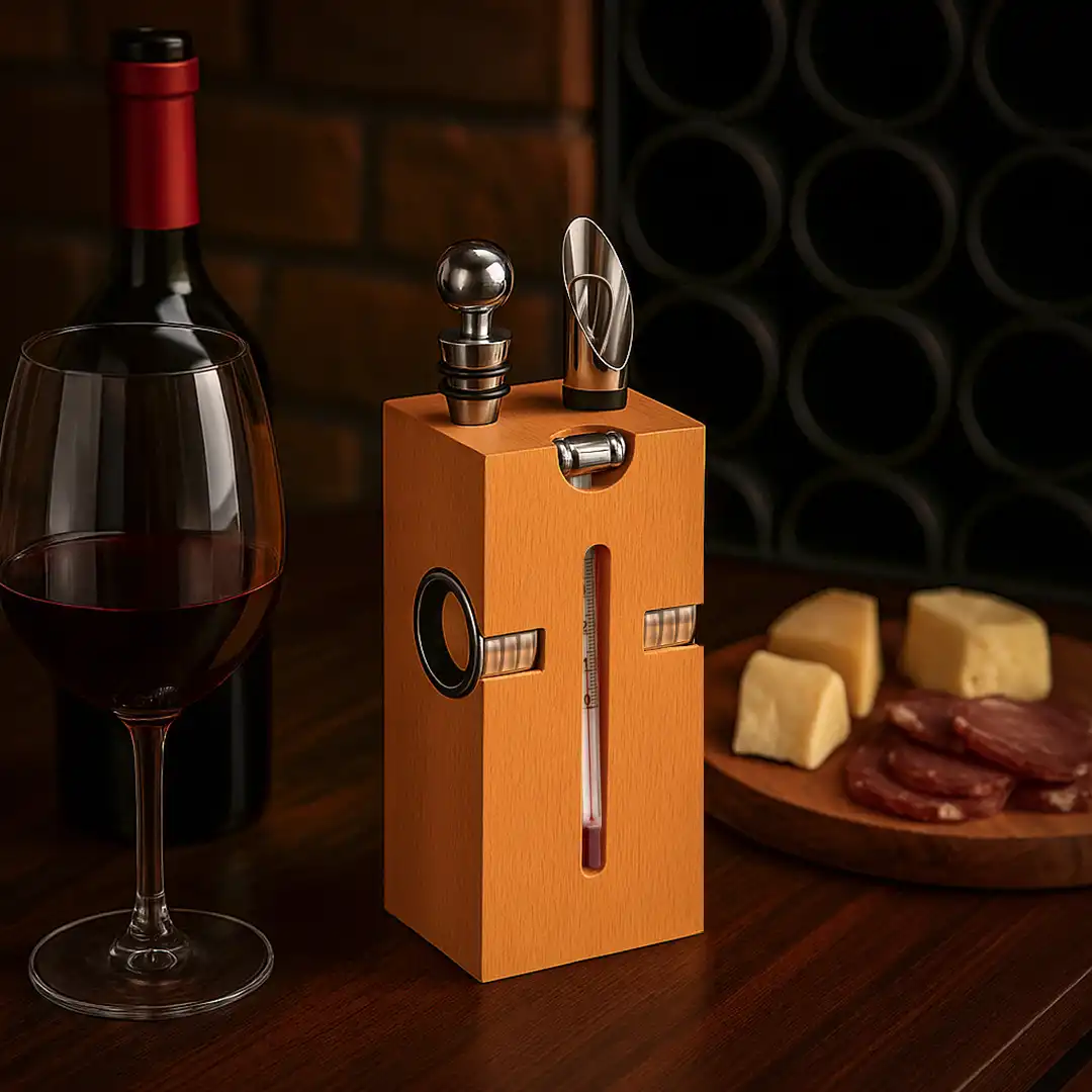 KIT PARA VINHO 7 PEÇAS COM SUPORTE EM MADEIRA - ABRIDOR, BICO, TERMÔMETRO E MAIS
