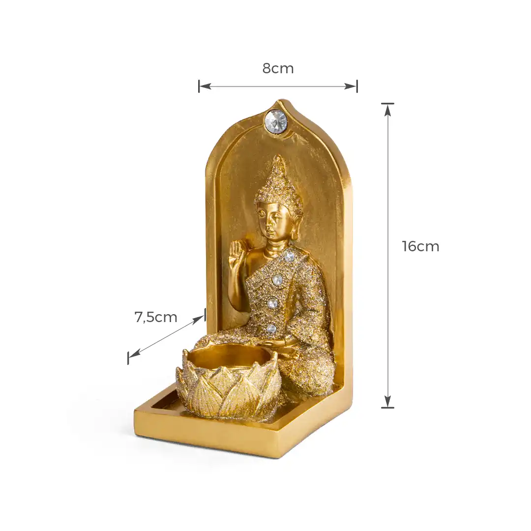 ENFEITE DECORATIVO BUDA EM RESINA DOURADO COM BASE DE FLOR DE LÓTUS – 16x8x7,5CM

