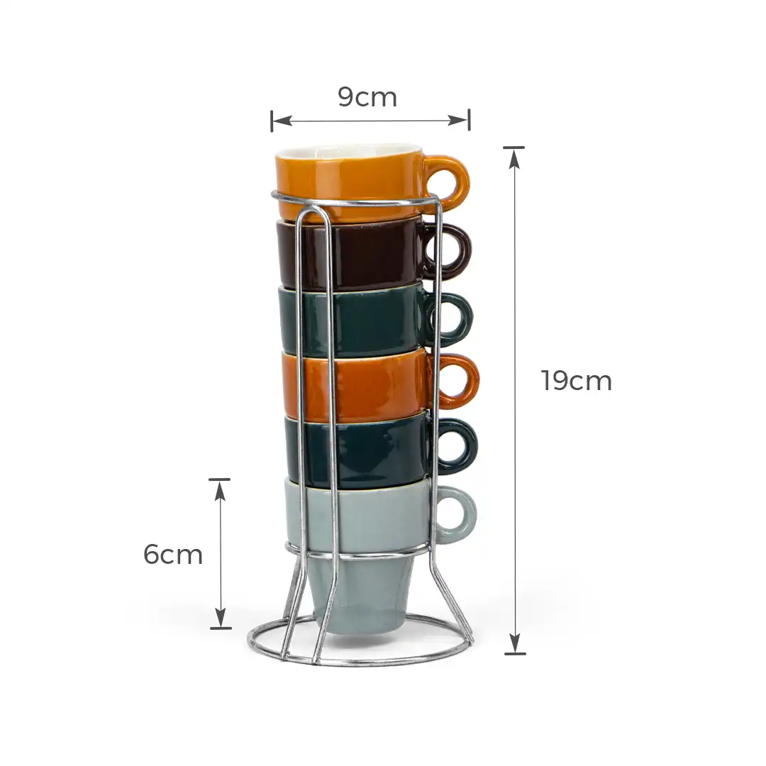 CONJUNTO 6 XÍCARAS DE CERÂMICA EMPILHÁVEIS COM SUPORTE METÁLICO – COLORIDAS E COMPACTAS

