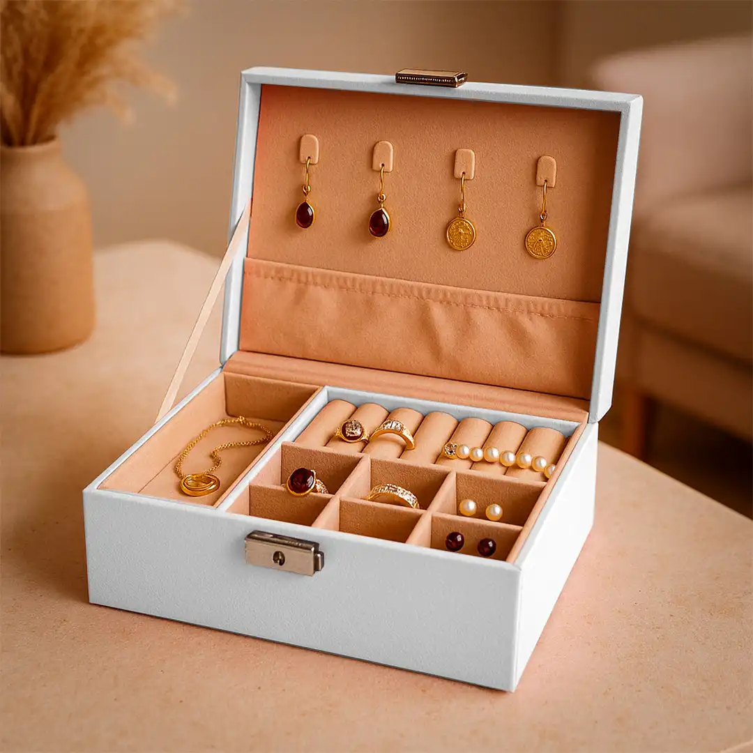 PORTA JOIAS FORMATO DE MALETA 2 ANDARES BRANCO FECHO METÁLICO – 23X17X8,5CM