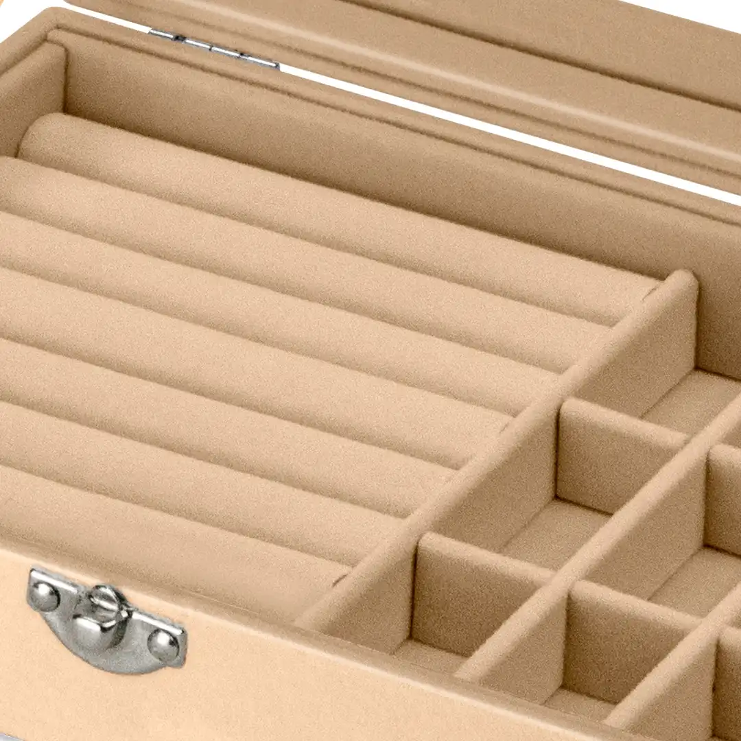 PORTA JOIAS VELUDO E TAMPA DE VIDRO TRANSPARENTE E MDF BEGE