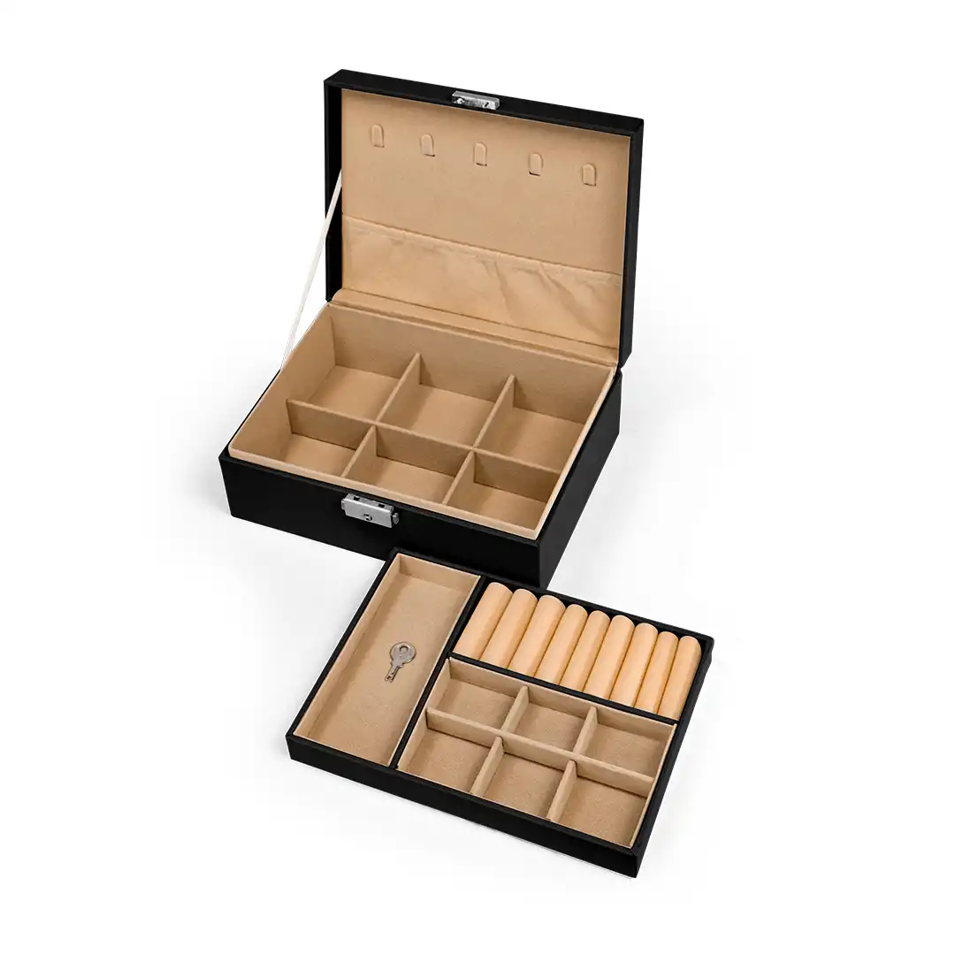 PORTA JOIAS FORMATO DE MALETA 2 ANDARES PRETO FECHO METÁLICO – 23X17X8,5CM