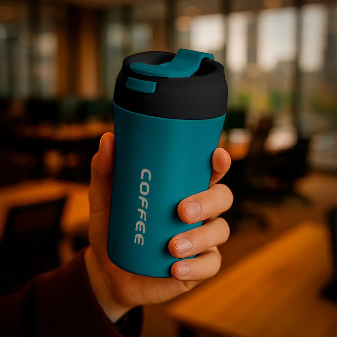 COPO TÉRMICO VERDE 420ML COM TAMPA ANTIVAZAMENTO E INTERIOR EM INOX
