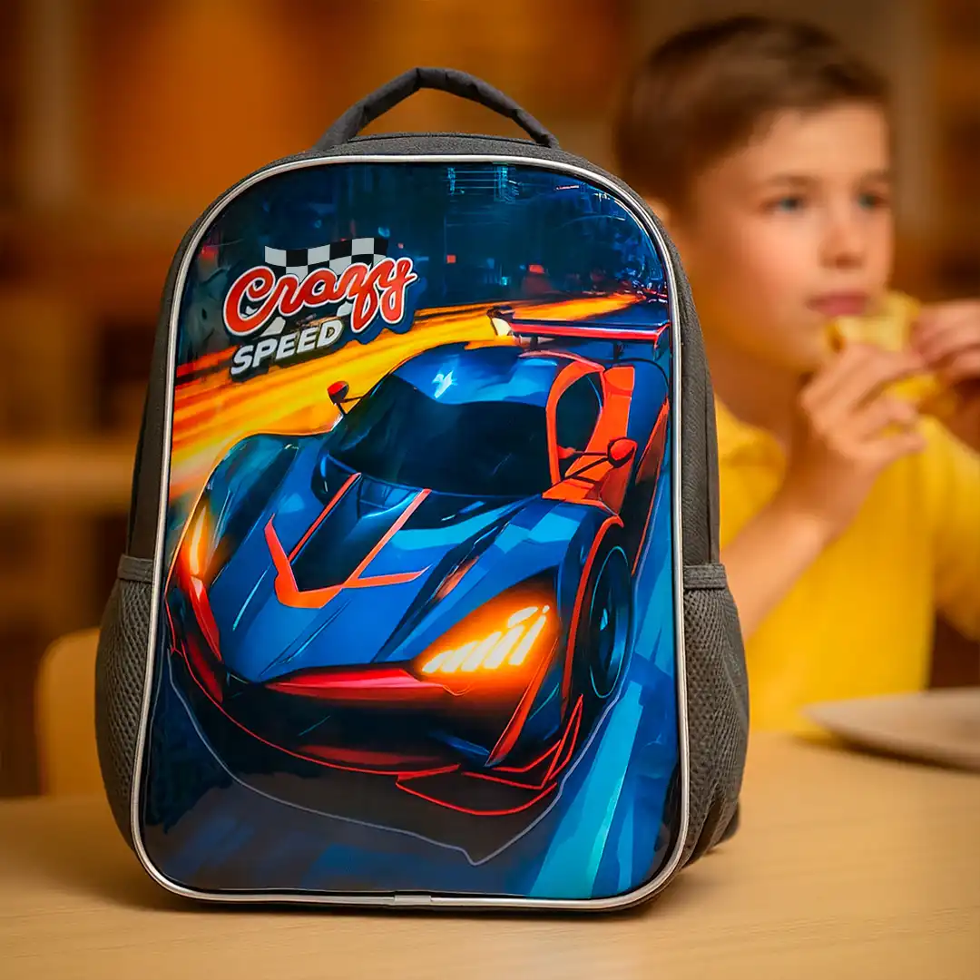 MOCHILA INFANTIL CRAZY SPEED CARRO ESPORTIVO 43CX31CM CINZA