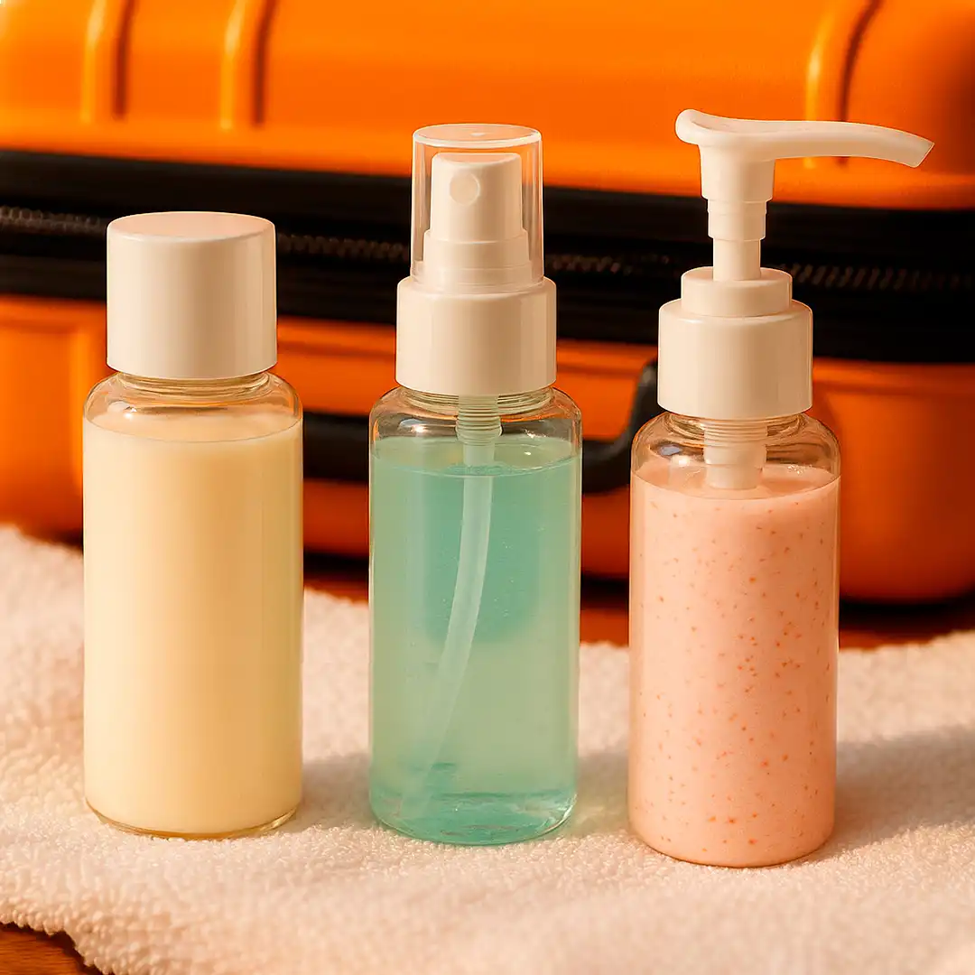 KIT FRASCOS DE VIAGEM 3 PEÇAS TRANSPARENTE COM TAMPA ROSQUEÁVEL, SPRAY E PUMP