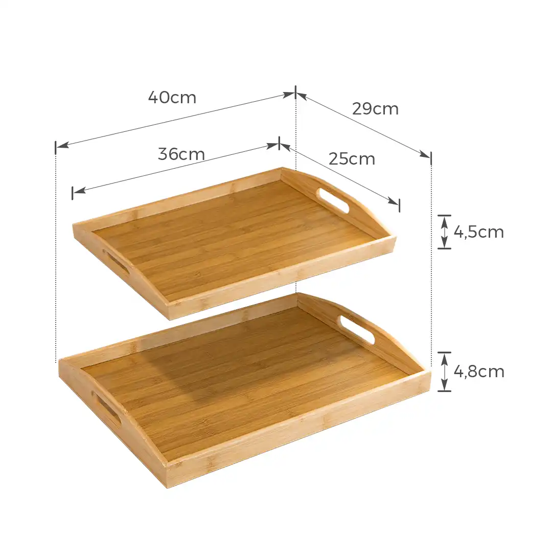 KIT BANDEJAS RETANGULARES DE BAMBU COM ALÇA – 2 PEÇAS 40CM E 36CM