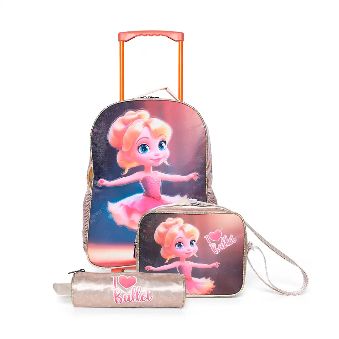MOCHILA INFANTIL COM RODINHAS 3 PEÇAS - BEGE