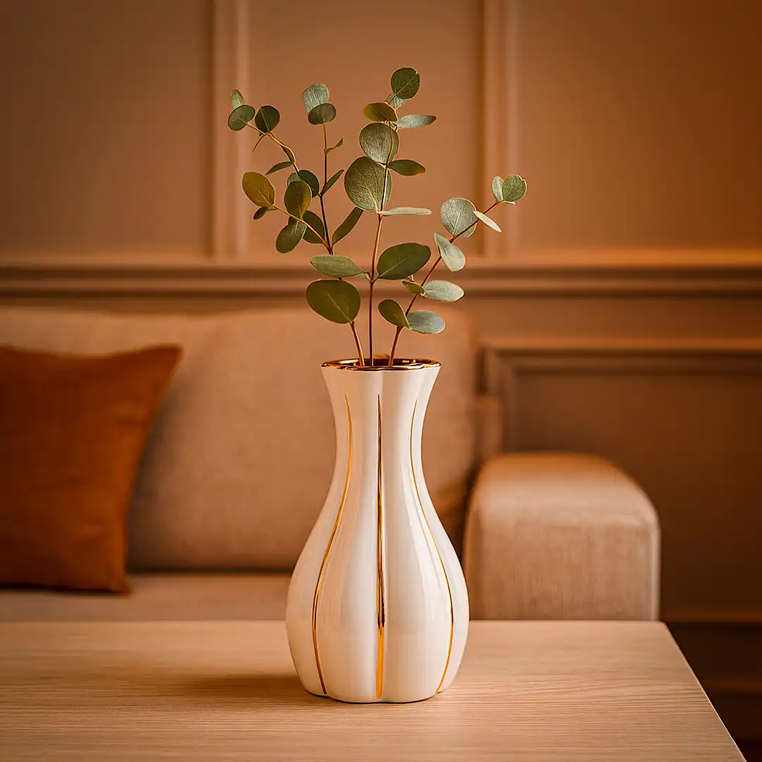 VASO DE PORCELANA DECORATIVO BRANCO COM DETALHES DOURADOS 18,5CM