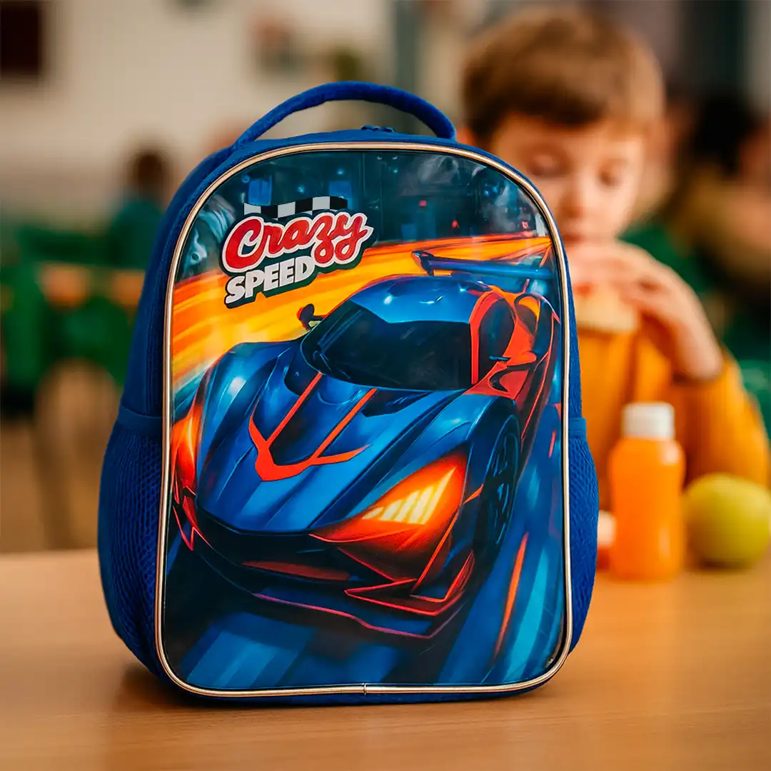 MOCHILA INFANTIL CRAZY SPEED CARRO ESPORTIVO 43CX31CM AZUL