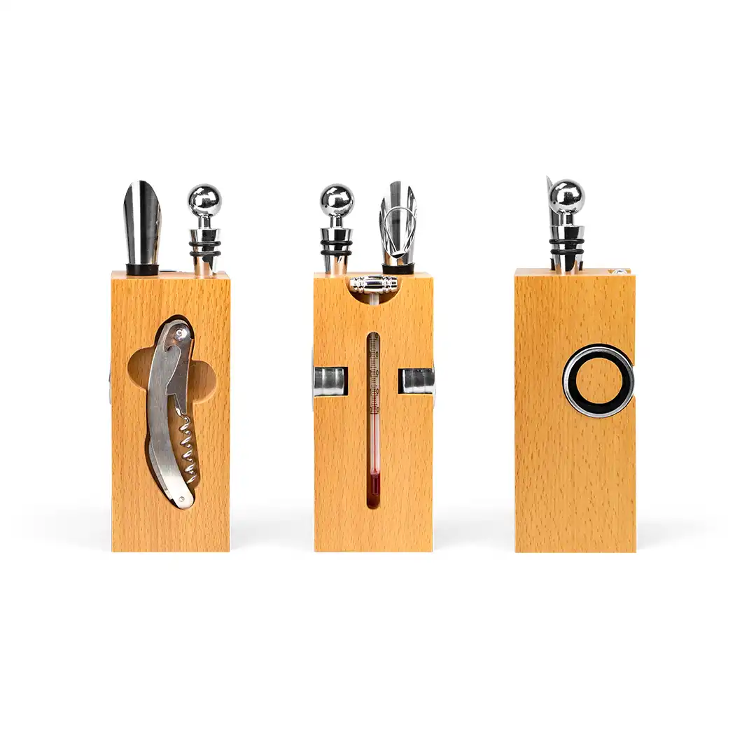 KIT PARA VINHO 7 PEÇAS COM SUPORTE EM MADEIRA - ABRIDOR, BICO, TERMÔMETRO E MAIS