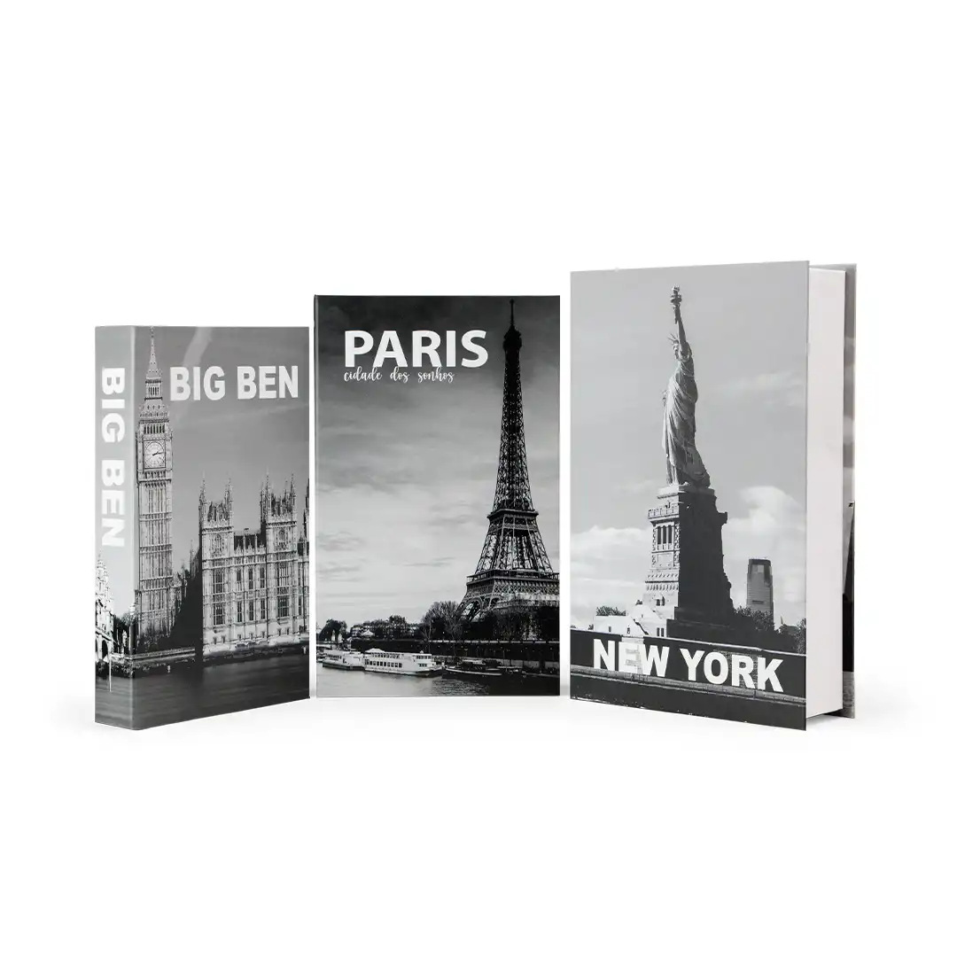 CAIXA LIVRO DECORATIVA CIDADES DO MUNDO – CONJUNTO COM 3 UNIDADES TAMANHOS P, M E G
