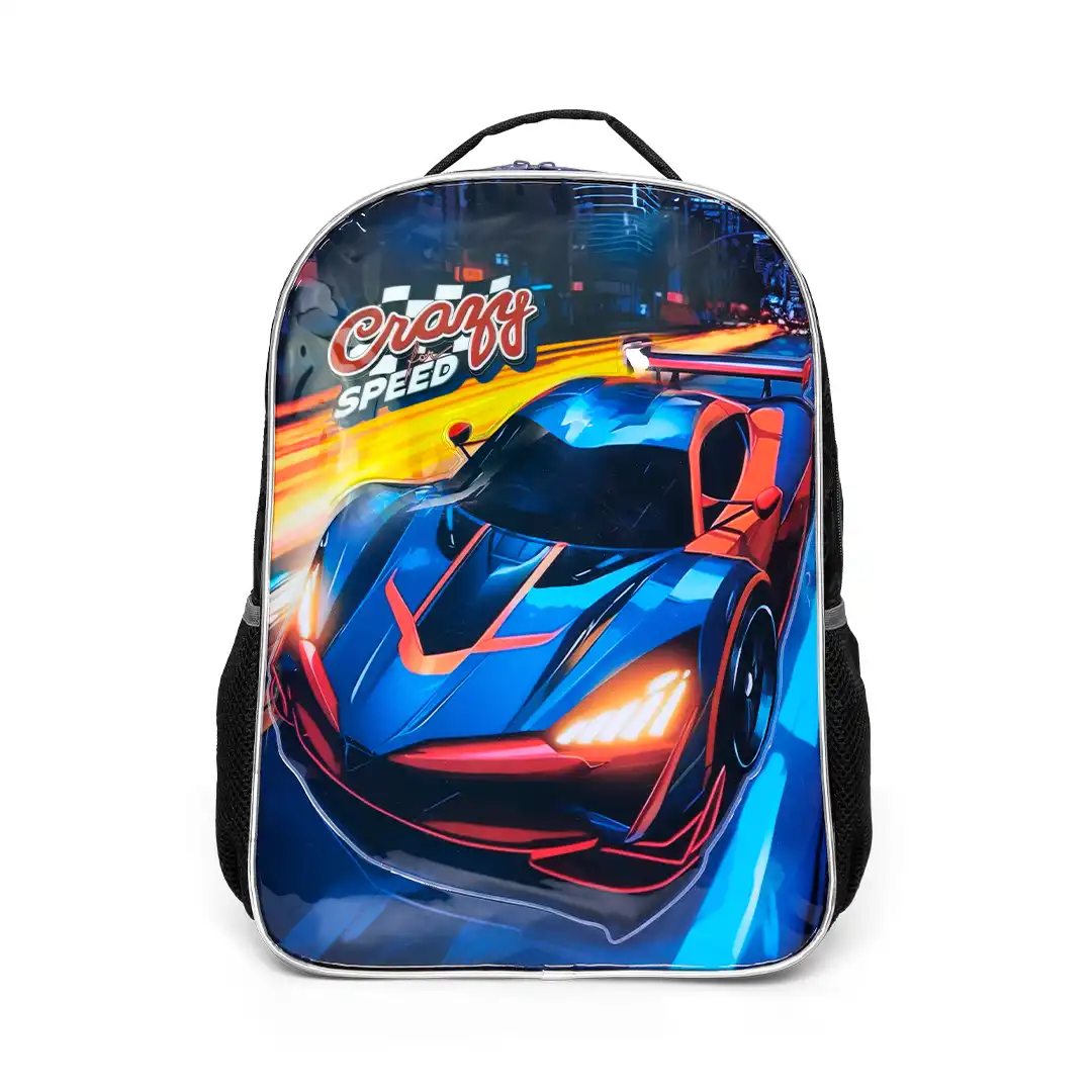 MOCHILA INFANTIL CRAZY SPEED CARRO ESPORTIVO 43CX31CM PRETO