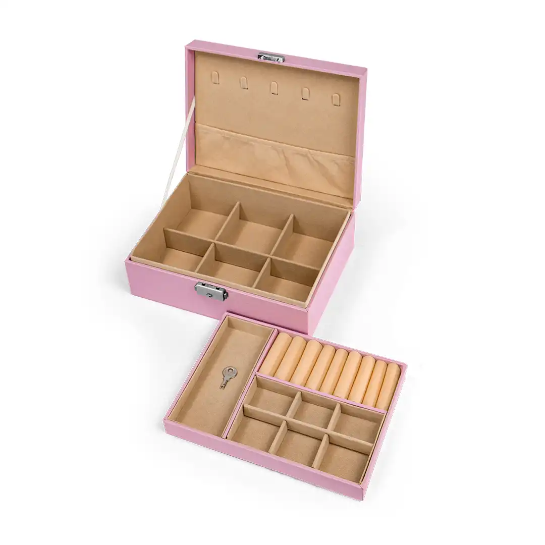 PORTA JOIAS FORMATO DE MALETA 2 ANDARES ROSA FECHO METÁLICO – 23X17X8,5CM