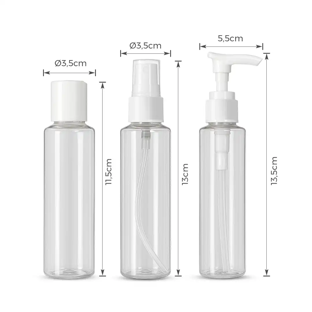 KIT FRASCOS DE VIAGEM 3 PEÇAS TRANSPARENTE COM TAMPA ROSQUEÁVEL, SPRAY E PUMP