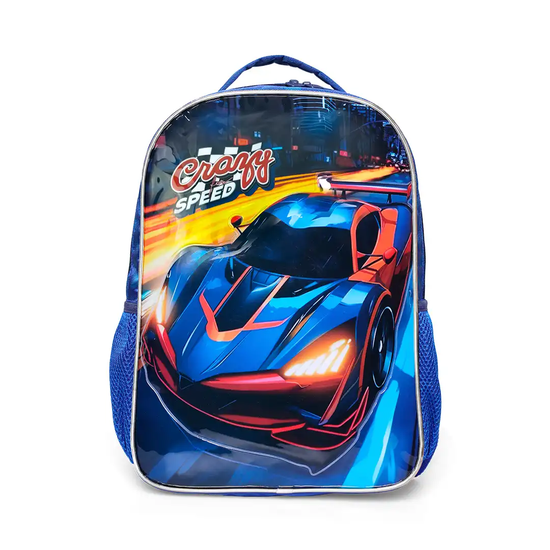 MOCHILA INFANTIL CRAZY SPEED CARRO ESPORTIVO 43CX31CM AZUL