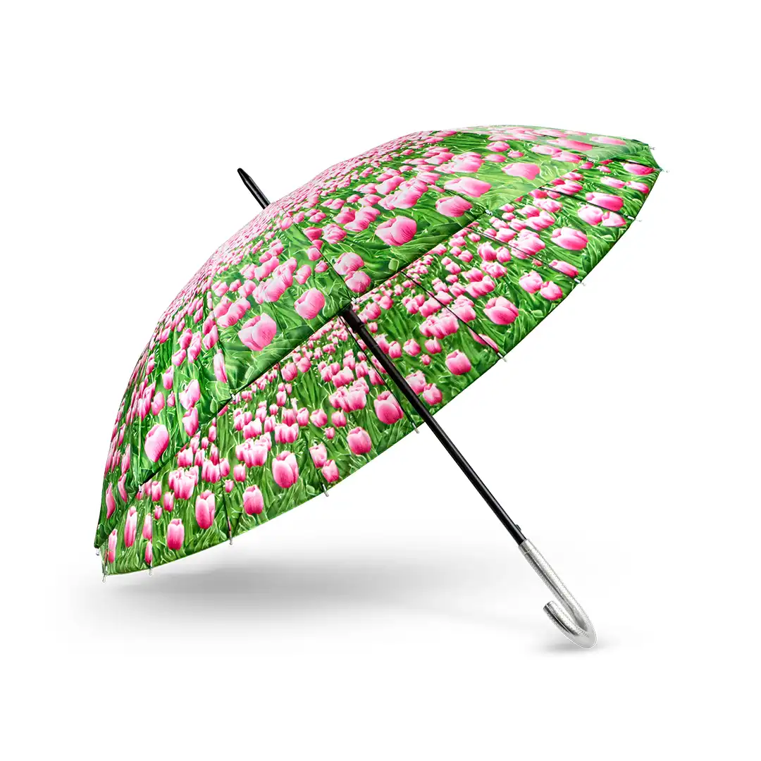 GUARDA-CHUVA GRANDE VERDE E ROSA FLORIDO COM HASTE EM METAL – 55CM