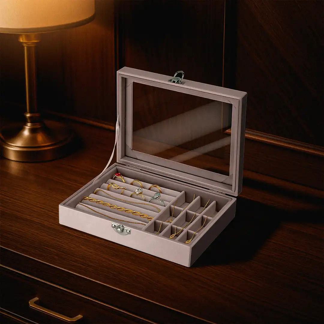 PORTA JOIAS VELUDO E TAMPA DE VIDRO TRANSPARENTE E MDF CINZA