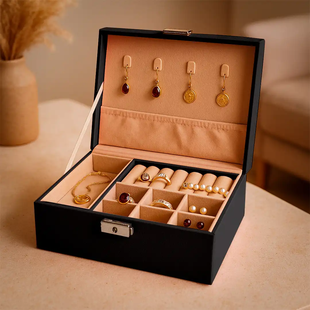 PORTA JOIAS FORMATO DE MALETA 2 ANDARES PRETO FECHO METÁLICO – 23X17X8,5CM