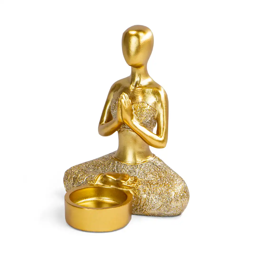ENFEITE DECORATIVO IOGA EM RESINA DOURADO COM BASE – 15x10CM