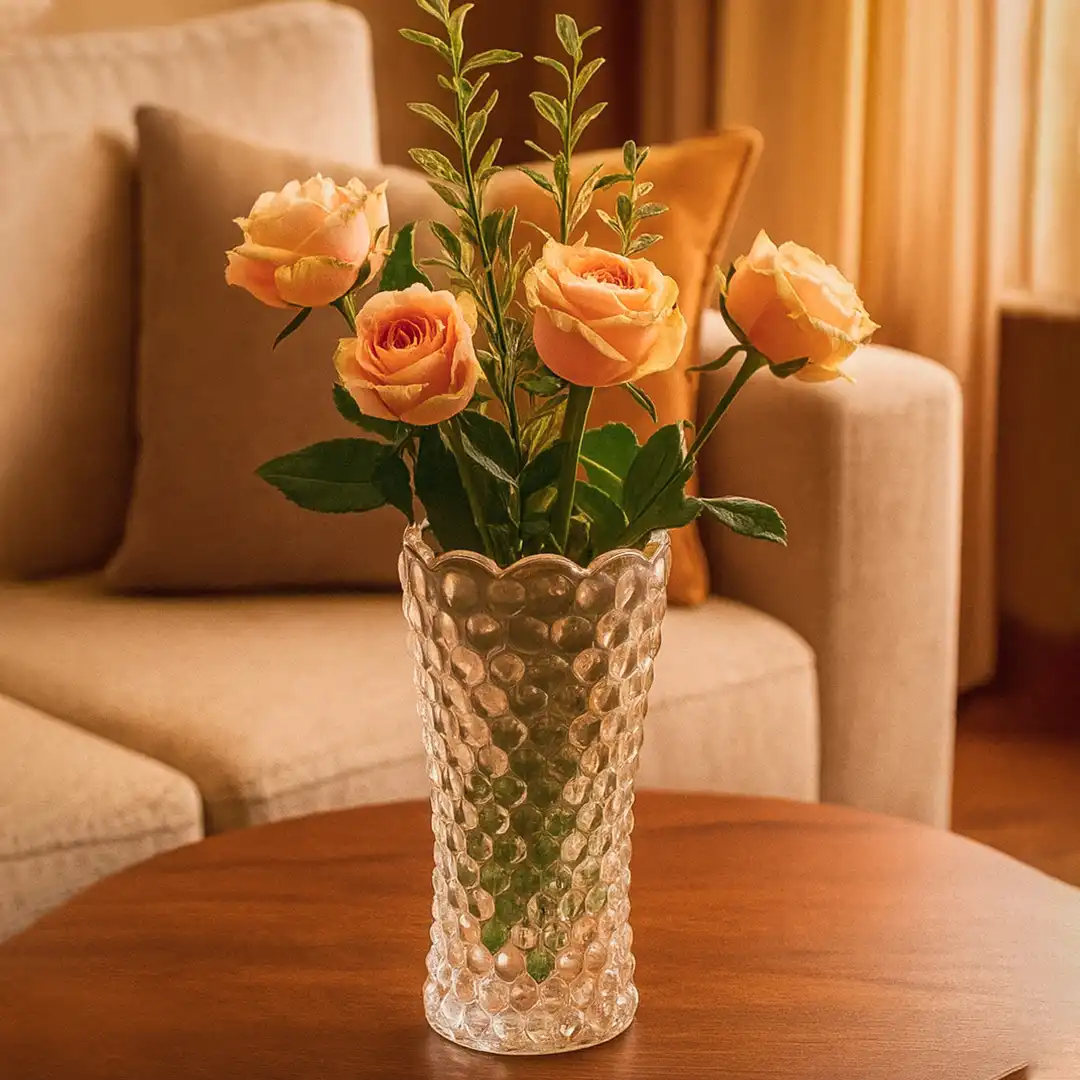 VASO DECORATIVO DE VIDRO TRANSPARENTE COM TEXTURA EM BOLHAS – 18 CM