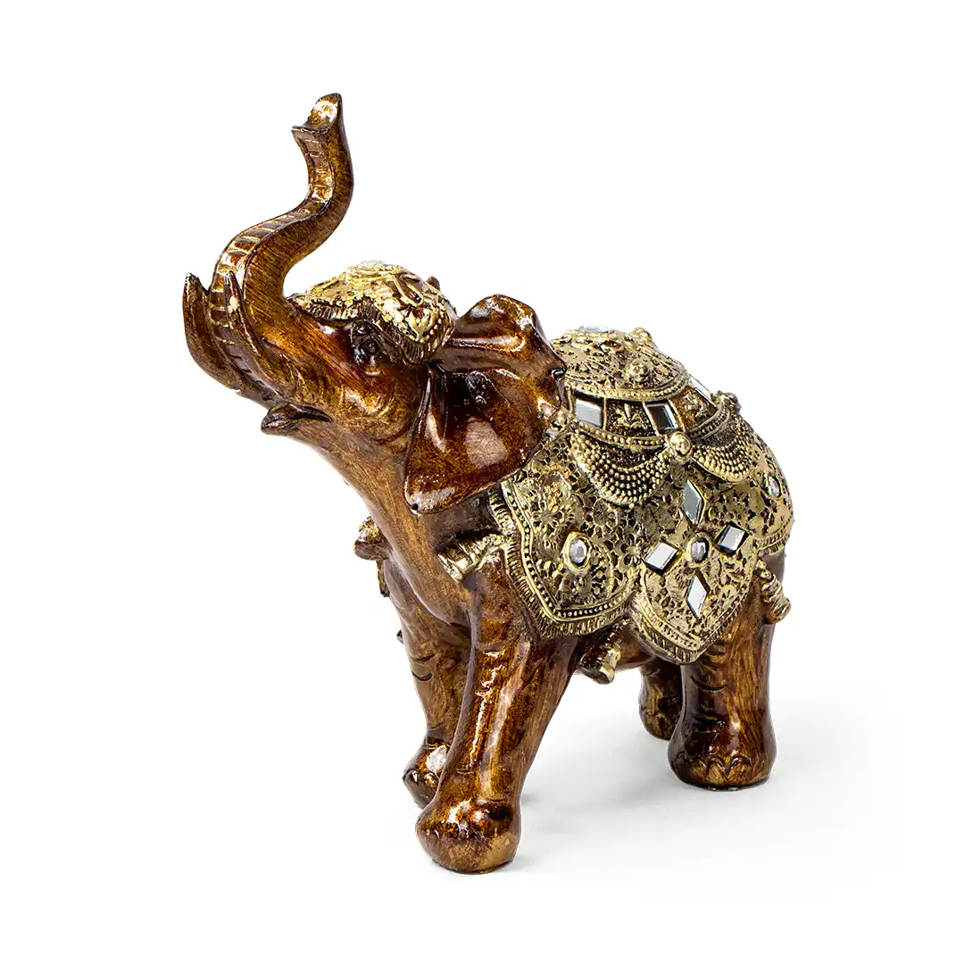 ELEFANTE INDIANO DECORATIVO DE RESINA COM DETALHES DOURADOS 19CM