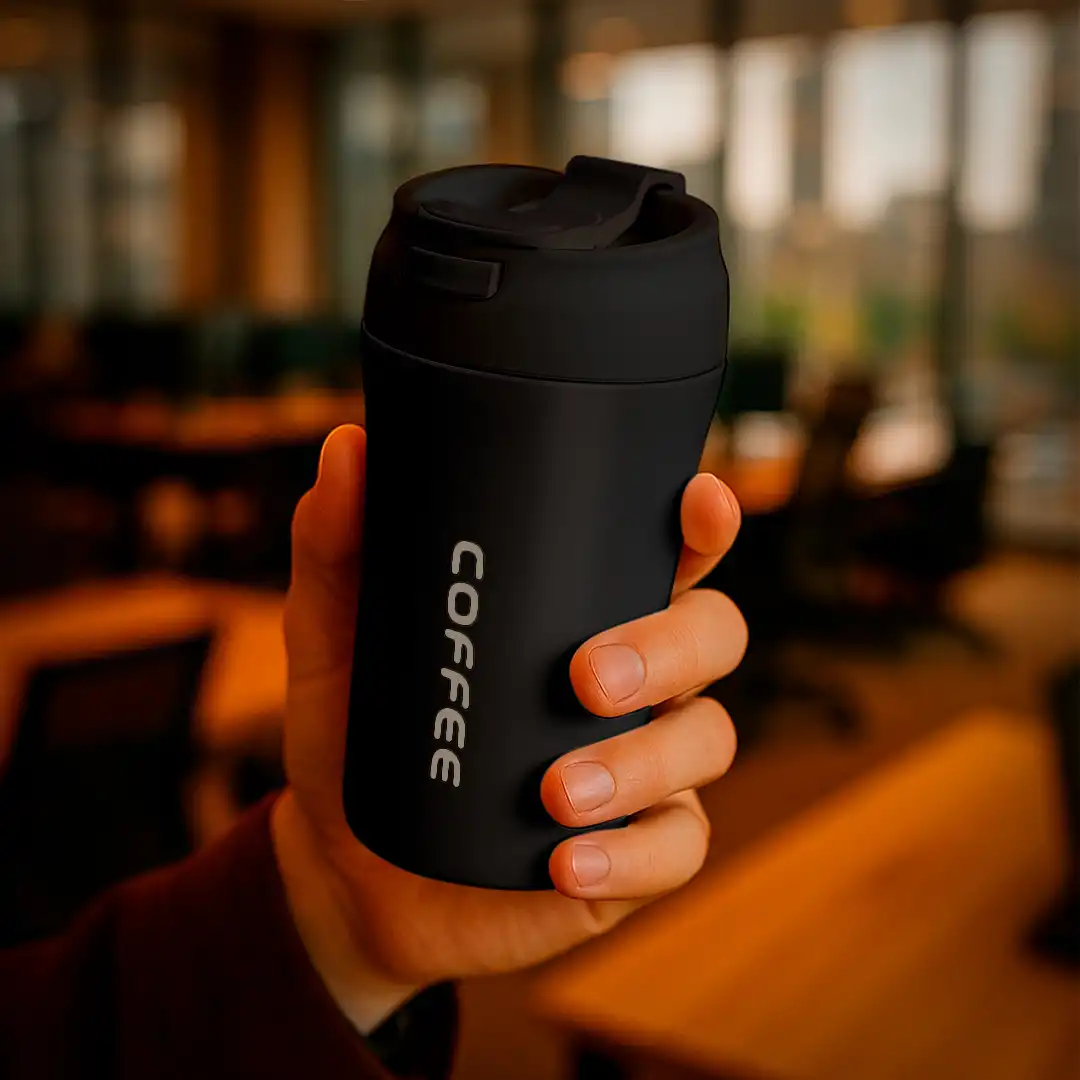 COPO TÉRMICO PRETO 420ML COM TAMPA ANTIVAZAMENTO E INTERIOR EM INOX