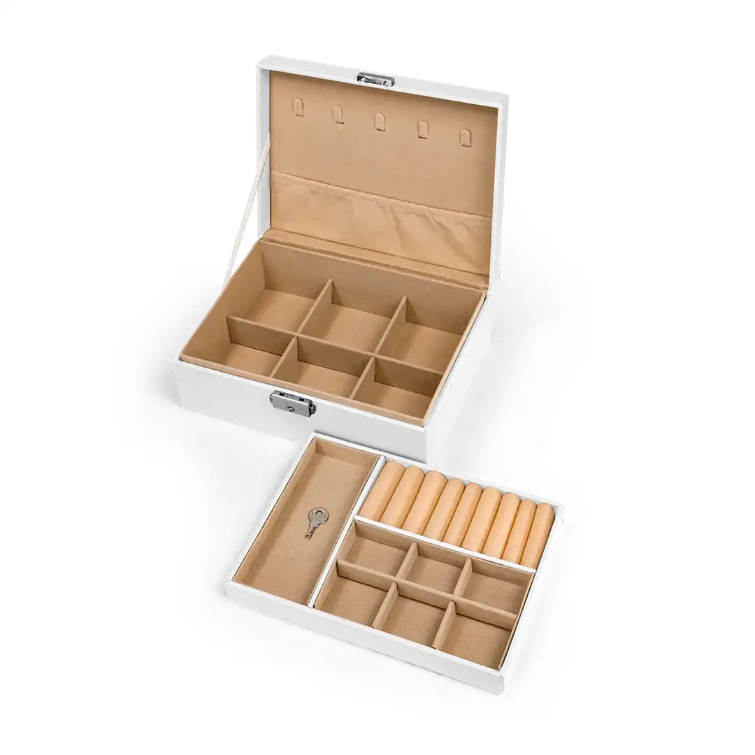 PORTA JOIAS FORMATO DE MALETA 2 ANDARES BRANCO FECHO METÁLICO – 23X17X8,5CM