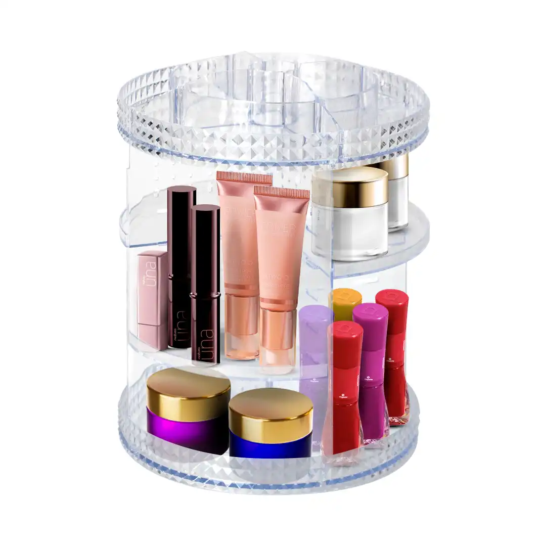 ORGANIZADOR DE COSMÉTICOS ACRÍLICO GIRATÓRIO 360° C/ PRATELEIRAS REGULÁVEIS
