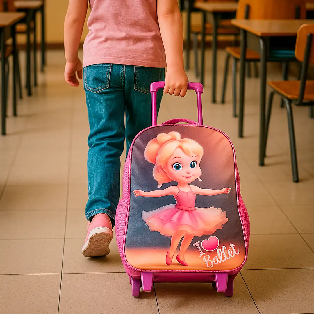 MOCHILA INFANTIL COM RODINHAS 3 PEÇAS - ROSA