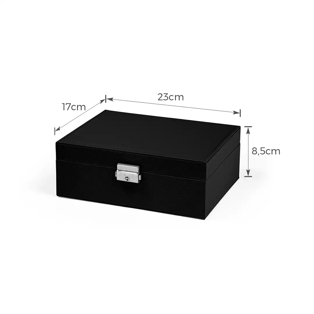 PORTA JOIAS FORMATO DE MALETA 2 ANDARES PRETO FECHO METÁLICO – 23X17X8,5CM