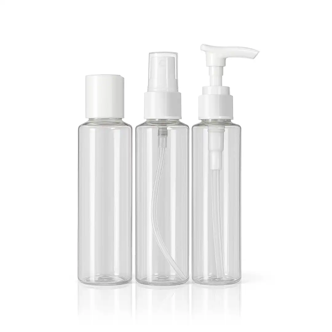 KIT FRASCOS DE VIAGEM 3 PEÇAS TRANSPARENTE COM TAMPA ROSQUEÁVEL, SPRAY E PUMP