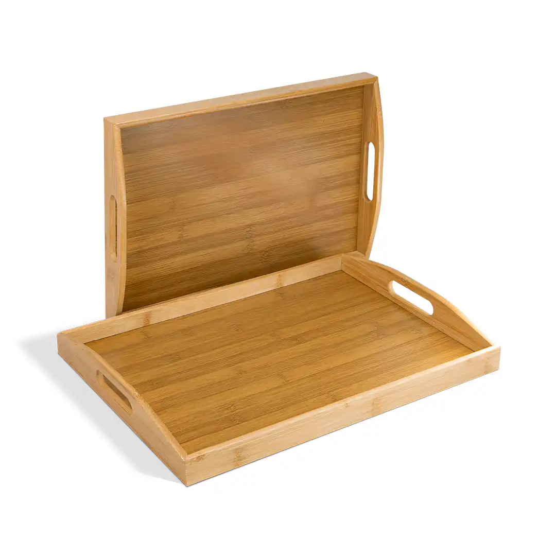 KIT BANDEJAS RETANGULARES DE BAMBU COM ALÇA – 2 PEÇAS 40CM E 36CM