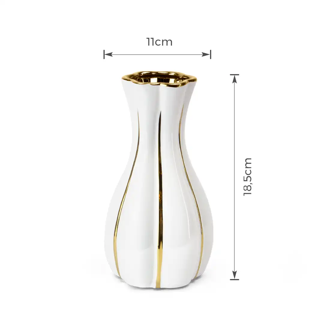 VASO DE PORCELANA DECORATIVO BRANCO COM DETALHES DOURADOS 18,5CM
