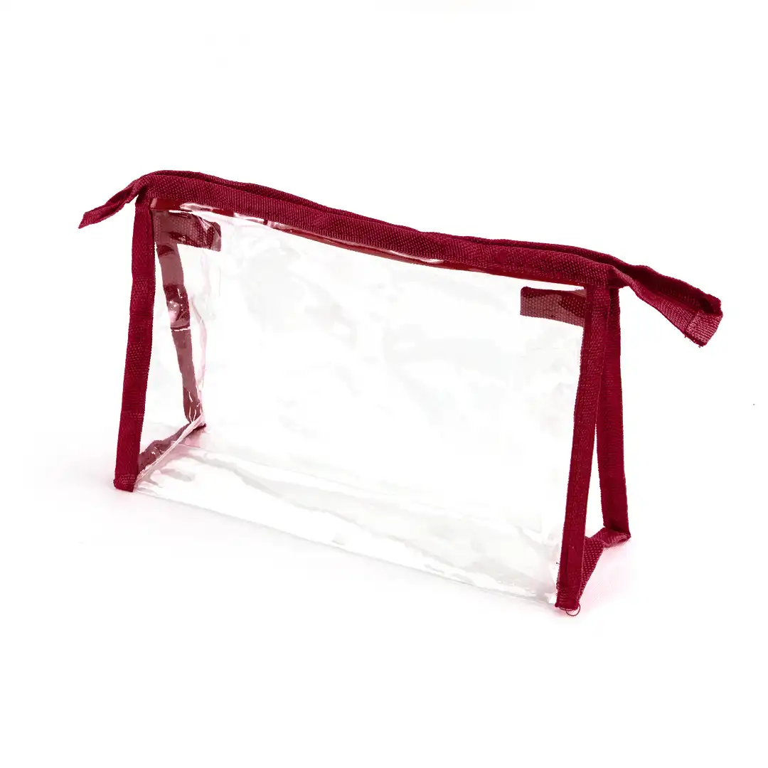 NECESSAIRE TRANSPARENTE COM FECHO E BORDAS DE TECIDO – 20x14CM