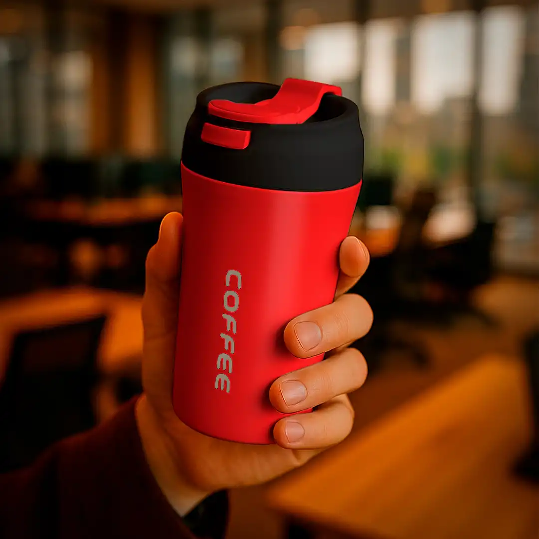 COPO TÉRMICO VERMELHO 420ML COM TAMPA ANTIVAZAMENTO E INTERIOR EM INOX
