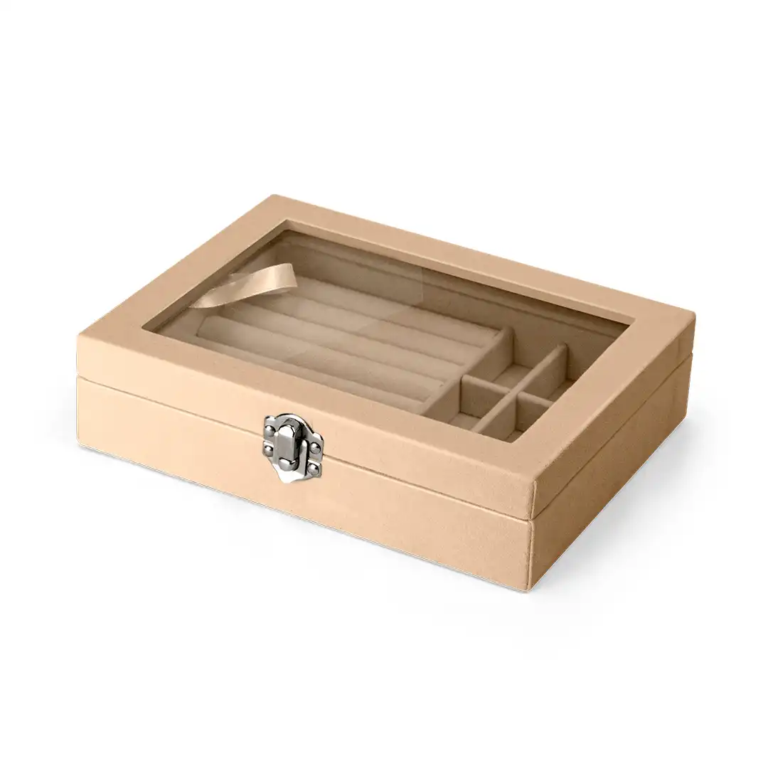 PORTA JOIAS VELUDO E TAMPA DE VIDRO TRANSPARENTE E MDF BEGE