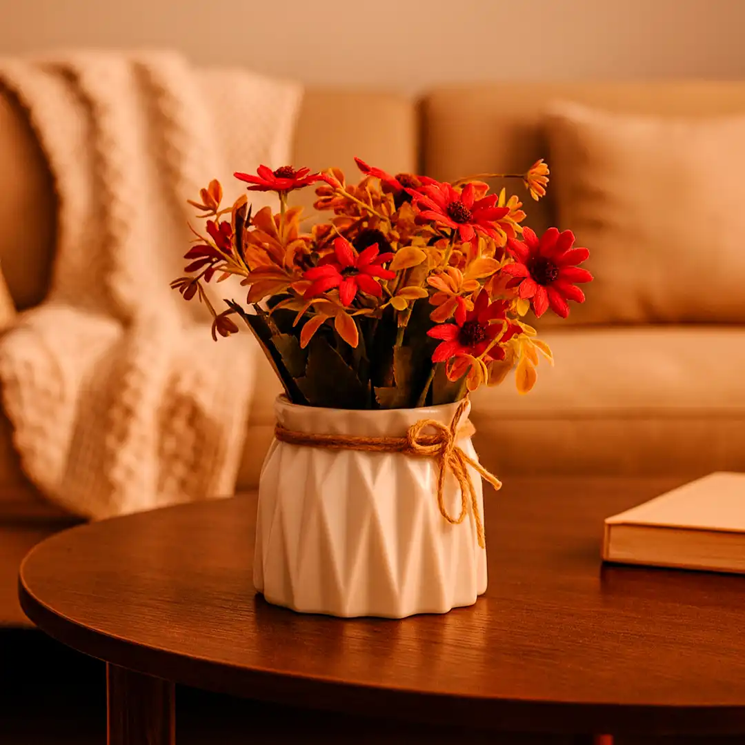 VASO DECORATIVO BRANCO COM FLORES ARTIFICIAIS VERMELHO – 20 CM


