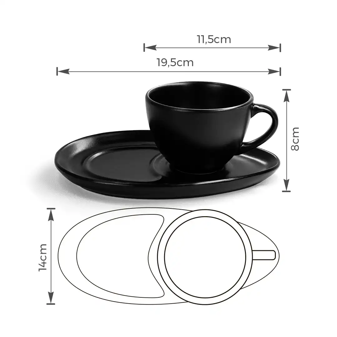 CONJUNTO COM 2 XÍCARAS DE CERÂMICA COM 2 PRATOS – PRETO FOSCO
