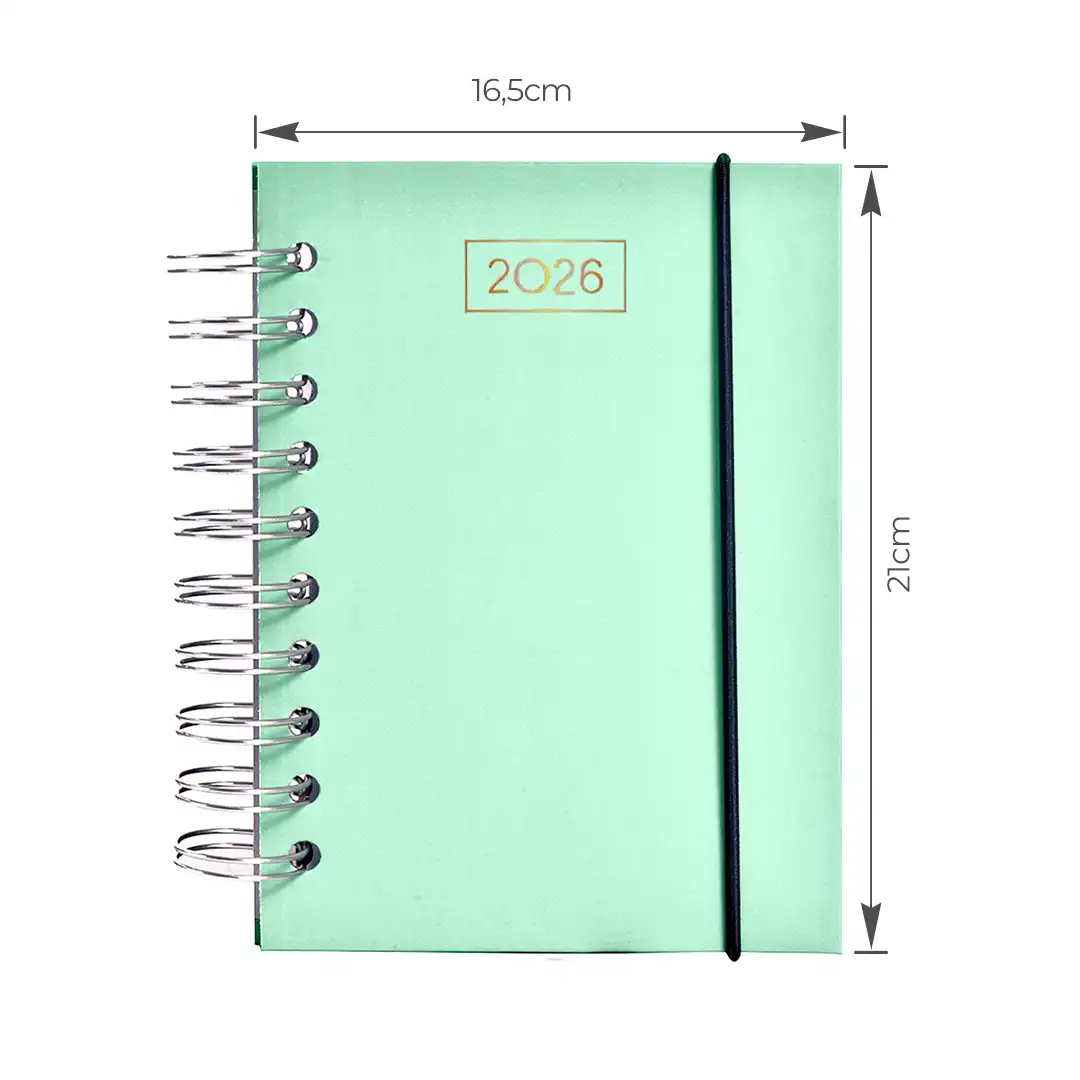 AGENDA ESPIRAL 2026 COM CAPA DURA E ELÁSTICO 15x21CM – SORTIDAS