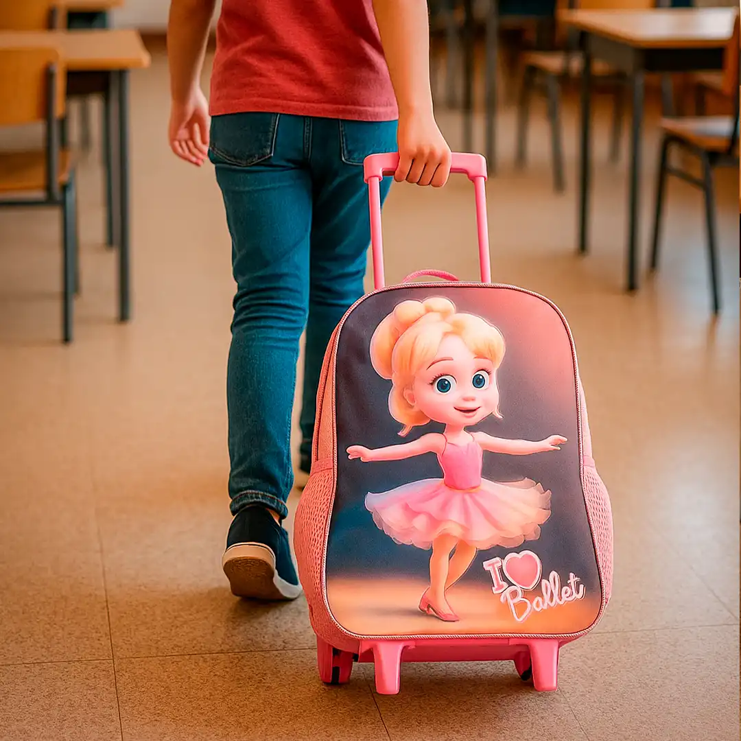 MOCHILA INFANTIL COM RODINHAS 3 PEÇAS - ROSA CLARO