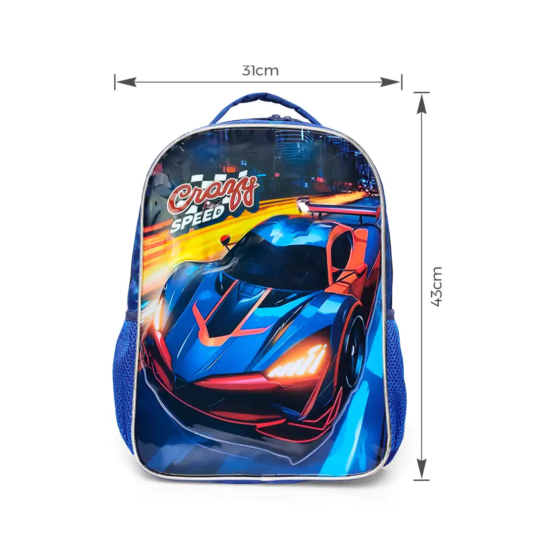 MOCHILA INFANTIL CRAZY SPEED CARRO ESPORTIVO 43CX31CM AZUL