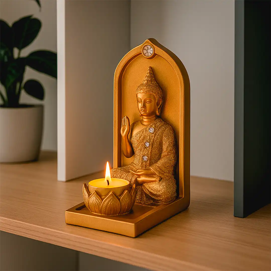 ENFEITE DECORATIVO BUDA EM RESINA DOURADO COM BASE DE FLOR DE LÓTUS – 16x8x7,5CM


