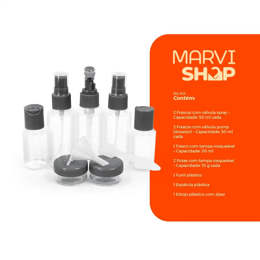 KIT FRASCOS PARA VIAGEM 10 PEÇAS COM ESTOJO – CINZA PRÁTICO E COMPACTO