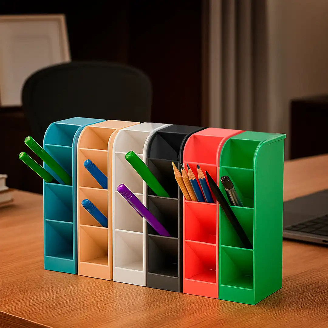 ORGANIZADOR MULTIUSO DE MESA EM PLÁSTICO AZUL COM 4 DIVISÓRIAS