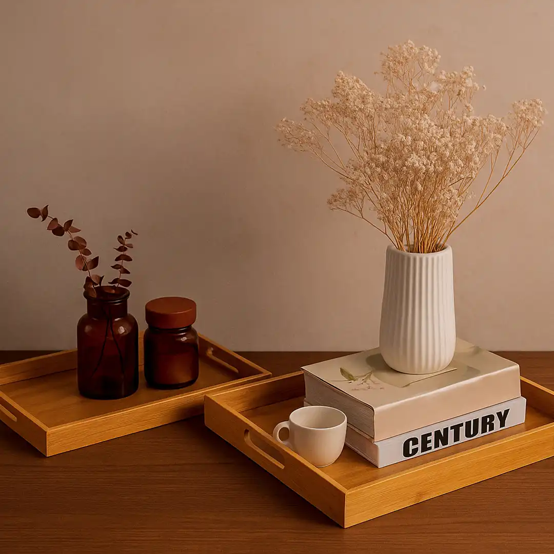 KIT BANDEJAS RETANGULARES DE BAMBU COM ALÇA – 2 PEÇAS 40CM E 38CM