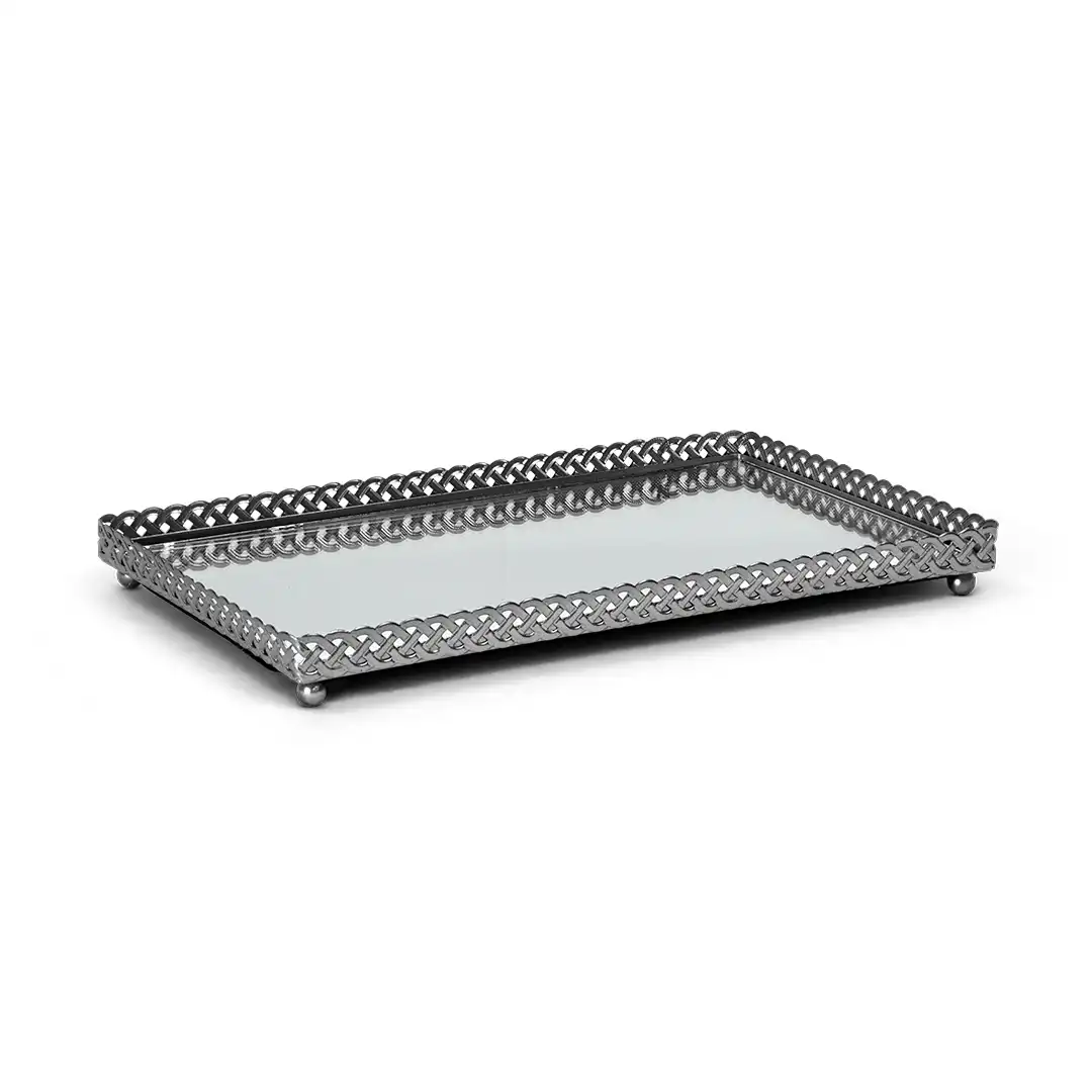 BANDEJA DECORATIVA ESPELHADA CINZA RETANGULAR 27,5CM 